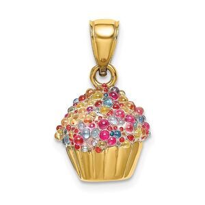 14k Yellow Gold 3D Bead Icing Cupcake Pendant